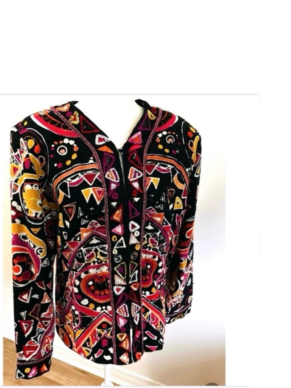 Vintage 90s Multicoloured Jacket Abstract • Beads & Sequins on Black• Statement - Picture 7 of 16
